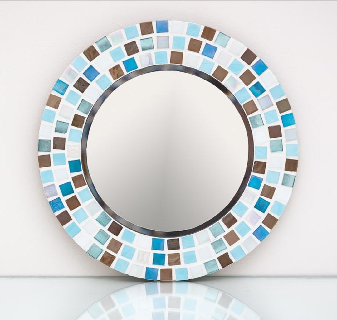 Mosaic Wall Mirror in Aqua & Brown, Small Round Mirror, Bathroom Mirror - Etsy UK