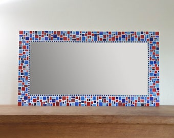 Mosaic Wall Mirror in Red & Blue / Large Mirror / Decorative Mirror / Blue Decor / Mosaic Wall Art