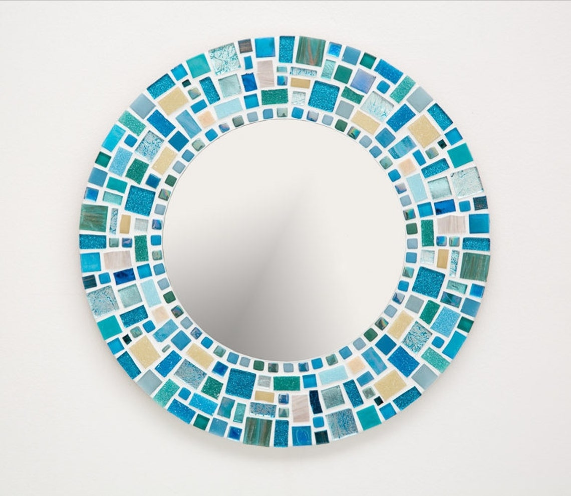 Mosaic Wall Mirror in Blue Turquoise & Yellow Round Mirror Etsy