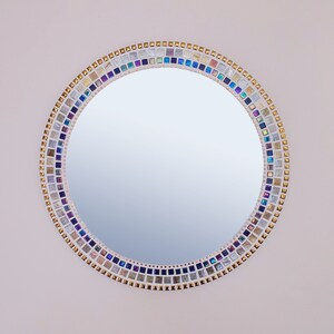 Mosaic Mirror in Gold & Blue, Gold Wall Mirror, Bathroom Mirror, Round Mirror, Mosaic Wall Art image 3