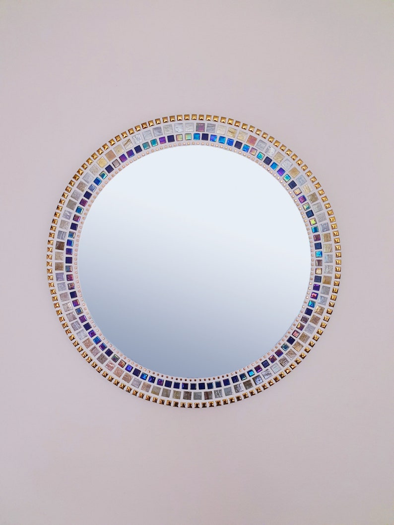 Mosaic Mirror in Gold & Blue, Gold Wall Mirror, Bathroom Mirror, Round Mirror, Mosaic Wall Art image 3