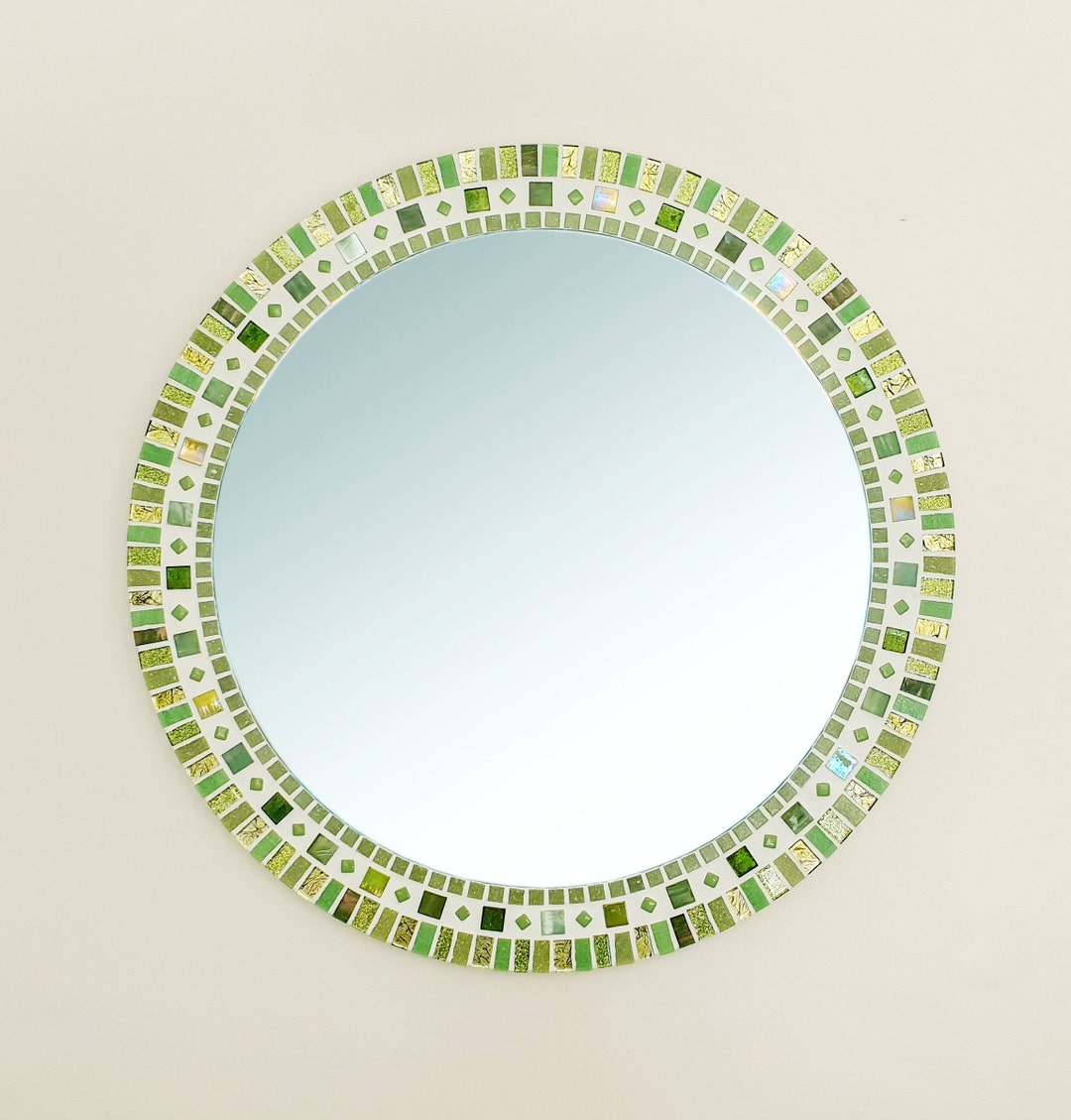 Mosaic Wall Mirror in Green, Round Green Mirror, Bathroom Mirror, Green ...