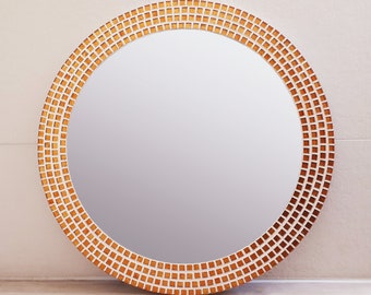 Mosaic Wall Mirror in Copper / Burnt Orange, Round Mirror, Copper Brown Mirror, Bathroom Mirror, Living Room Mirror, Brown Wall Decor