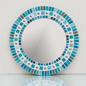 Mosaic Mirror in Turquoise, Teal, Grey & Silver - Round Wall Mirror - Bathroom Mirror - Wall Art Decor