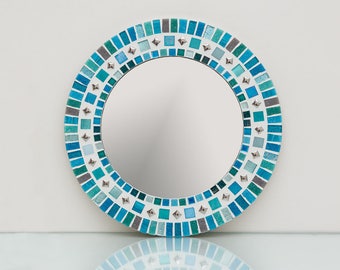 Mosaic Mirror in Turquoise, Teal, Grey & Silver - Round Wall Mirror - Bathroom Mirror - Wall Art Decor