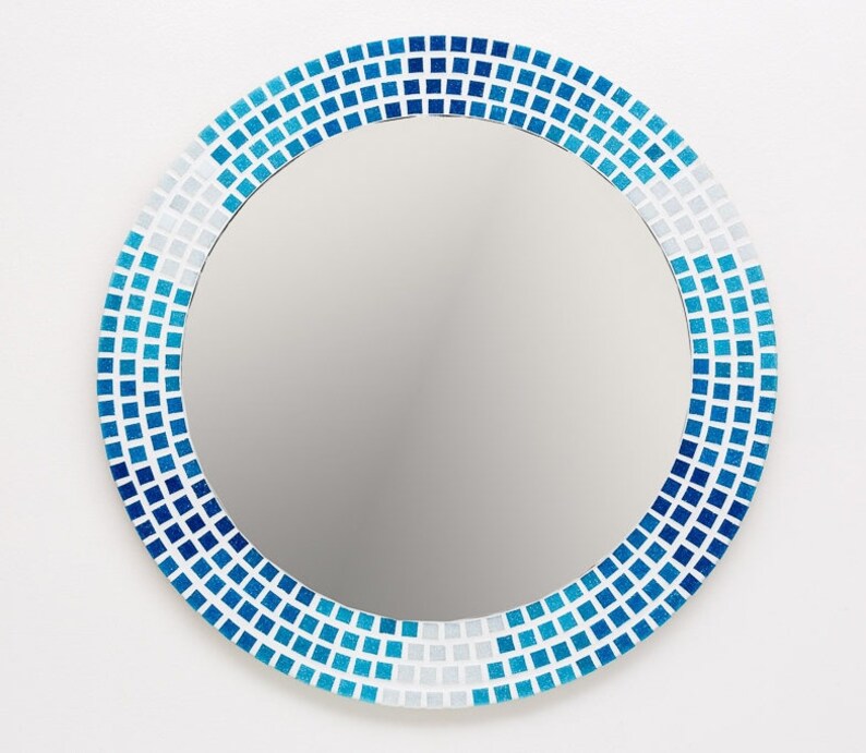 Mosaic Wall Mirror Blue Aqua and White Round Bathroom Etsy