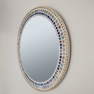 Mosaic Mirror in Gold & Blue, Gold Wall Mirror, Bathroom Mirror, Round Mirror, Mosaic Wall Art image 2