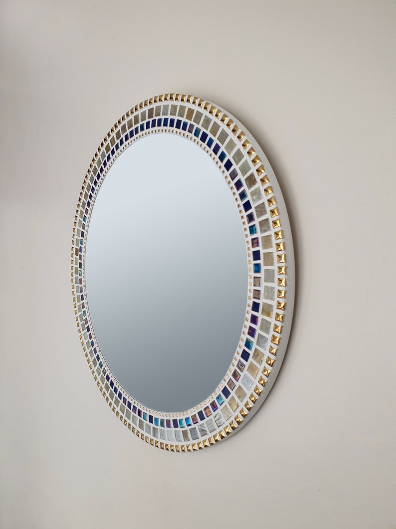 Mosaic Mirror in Gold & Blue, Gold Wall Mirror, Bathroom Mirror, Round Mirror, Mosaic Wall Art image 2