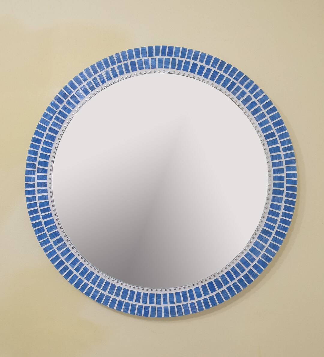 Blue Mosaic Mirror, Round Wall Mirror, Bathroom Mirror, Blue Wall Decor