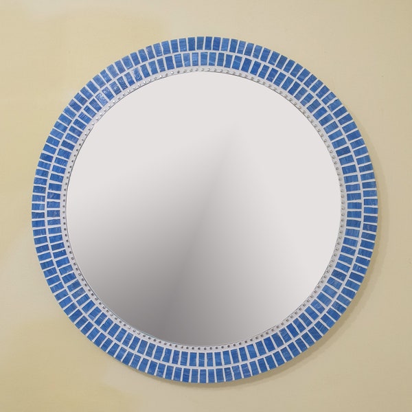 Blue Mosaic Mirror, Round Wall Mirror, Bathroom Mirror, Blue Wall Decor, Housewarming Gift, Mosaic Wall Art