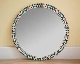 Mosaic Wall Mirror in Brown, Cream & Teal Green / Mosaic Mirror / Bathroom Mirror / Round Mirror