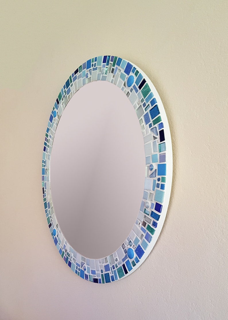 Mosaic Wall Mirror in Blue Silver & White Round Mirror Etsy