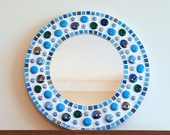 Round Mosaic Bathroom Wall Mirror - Blue Turquoise Teal 30cm