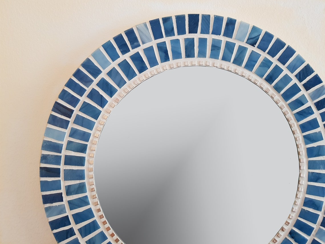 Blue Mosaic Wall Mirror Round Mirror Bathroom Mirror Blue Etsy