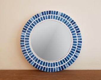 Blue Mosaic Wall Mirror, Round Mirror, Bathroom Mirror, Blue Wall Decor, Housewarming Gift, Mosaic Wall Art