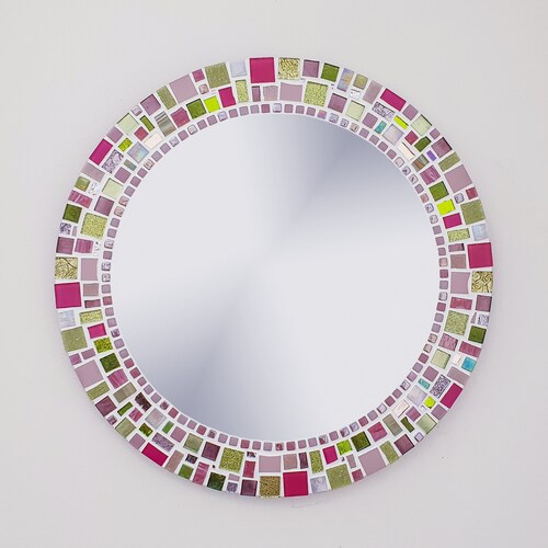 Wall Mirror in Pink & Green / Round Mosaic Mirror / Mosaic Etsy