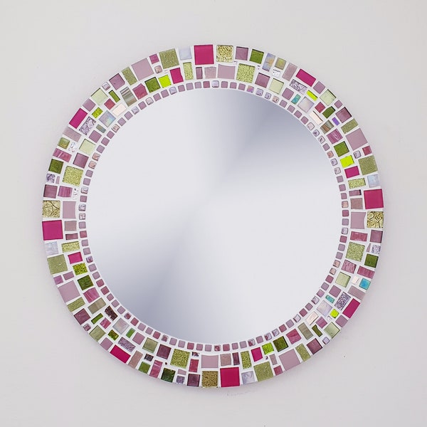 Wandspiegel in roze & groen / ronde mozaïekspiegel / mozaïekmuurkunst / roze muurdecor / slaapkamerspiegel
