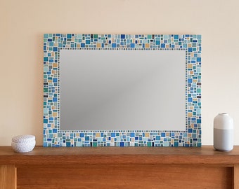 Large Mosaic Wall Mirror in Blue, Turquoise & Yellow, Bathroom Mirror