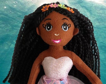 Black Mermaid Doll. Medium brown skin tone