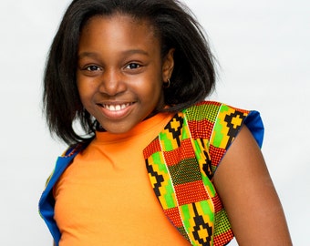 Kente African Print Girls Bolero. Green, orange, blue and black short jacket