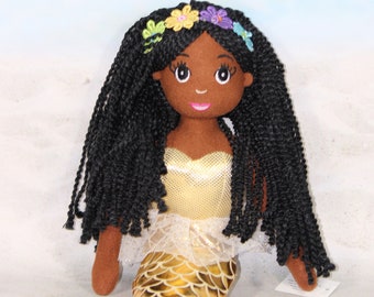 Large Black Mermaid Doll. Medium brown skin tone. 18 inch Plush doll