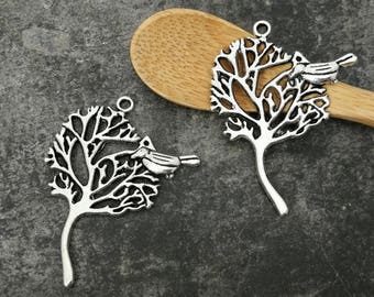 1 pc, tree and bird, tree, silver, charm pendant 42 x 31 mm