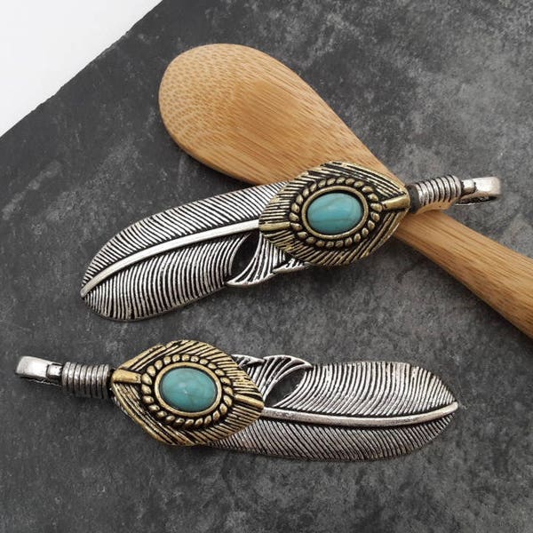 Large silver feather pendants and turquoise blue stone cabochon, 6.5 cm