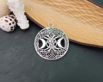 Triple Goddess Pendant, Wiccan Tree of Life Pentagram Pendant, 38mm