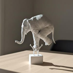 Op de afbeelding: Een wit mat beeldhouwwerk met een grote olifant die balanceert op een klein menselijk figuur. Het menselijk figuur staat in een handstand op een vierkante witte voet en ondersteunt het gewicht van de olifant erboven met beide handen.