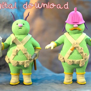May include: Two green cartoon figures with yellow boots, gloves, and utility belts. One holds a scroll, the other wears a pink helmet and mustache. The text "Digital download" is at the top.