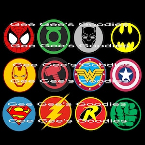 Op de afbeelding: Een verzameling van twaalf ronde superhelden-emblemen gerangschikt in een raster op een zwarte achtergrond. De iconen bevatten symbolen voor Spider-Man, Green Lantern, Black Panther, Batman, Iron Man, Thor, Wonder Woman, Captain America, Superman, Flash, Robin en Hulk.