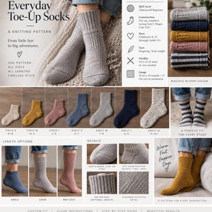 Könnte beinhalten: Eine Strickanleitung für Socken, die von der Spitze aus gestrickt werden, in verschiedenen Größen für Kinder und Erwachsene. Das Bild zeigt diverse Farben, Längen und Konstruktionsdetails wie den Judy's Magic Cast On, Fersenformen und 2x2-Rippenbündchen.