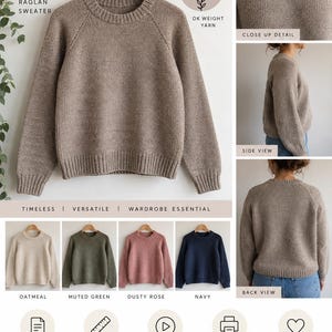 May include: A knitting pattern for The Everyday Raglan, a top-down jumper. The image displays a beige jumper on a hanger, close-up, side, and back views, plus colour options in oatmeal, muted green, dusty rose, and navy. Includes icons for instructions.