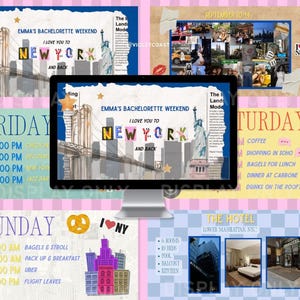 May include: A computer monitor displays a bachelorette weekend itinerary for New York City. The design includes images of the city, the Statue of Liberty, and a schedule for Friday, Saturday, and Sunday. The text reads "I love you to New York and back."