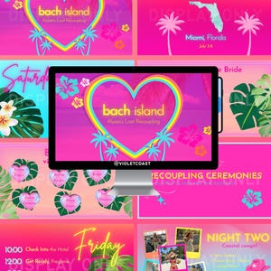 Könnte beinhalten: Ein digitaler Bildschirm mit einem lebendigen rosa und türkisfarbenen Design für einen Junggesellinnenabschied. Das Design enthält eine herzförmige Grafik mit dem Text "bach island" und Eventdetails. Palmen und florale Akzente vervollständigen das tropische Thema.