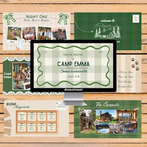 May include: A collection of digital invitations and cards with a camping theme. The central invitation reads "Camp Emma, Emma's bachelorette, July 3-8". Other cards include "Night One, Boots, Bows & Bonfires" and "The Campsite".