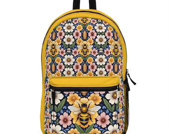 Floral Bee Backpack, Cute School Bag, Floral Design Backpack, Nature Lover Gift, Summer Accessory