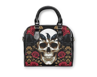 Gothic Floral Shoulder Handbag - Edgy Skull Bag, Vintage Inspired Purse, Everyday Use, Perfect for Halloween, Unique Gift Idea