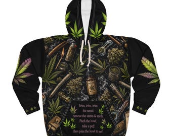 Felpa con cappuccio con motivo a foglie di cannabis / Felpa con cappuccio con collage di immagini di fumatori di marijuana