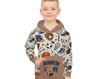 Kinder Sport Muster Hoodie | Personalisierte Namenstasche