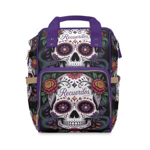 Vibrant Skull Design Backpack | Stylish Bag | Multifunctional Travel Rucksack | Unique Gift for Students and New parents| Day of the Dead