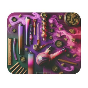 May include: An assortment of smoking accessories, including glass pipes, a bong, lighters, and pre-rolled cigars, arranged on a purple and green surface. The image features a bowl of dried herbs and swirling pink smoke.