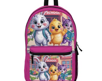 Mochila escolar fofa com desenho de coelho e galinha, mochila escolar infantil, mochila com estampa de animal, mochila infantil, presente de volta às aulas