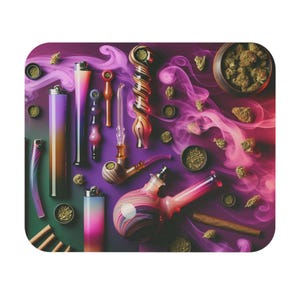 May include: An assortment of smoking accessories, including glass pipes, a water pipe, lighters, and small bowls of herbs, arranged on a purple and green surface. The image features swirling pink and purple smoke.