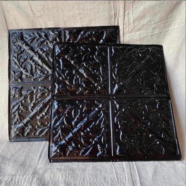 Pair of 1890s Antique Reclaimed Tin Ceiling Tiles, Painted Black
