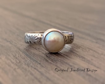 Solitare Perlenring / Silberperlenring / Handgefertigte Perle und Sterlingsilber-Statement Ring./ Junis Geburtsstein / Kostenloser Versand in den USA.