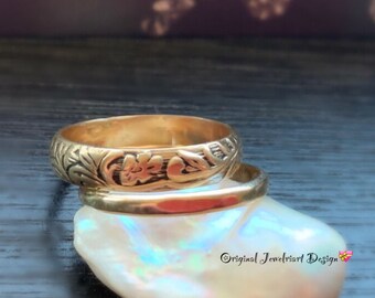 Wedding Band Set/Artisan Wedding Band/Gold Floral Stacking Ring Set./Free US Shipping