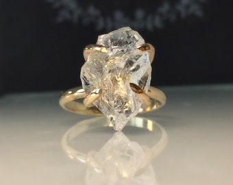 Raw  Gold Herkimer Diamond Ring/Gorgeous Rough Uncut Herkimer Diamond Gold Ring./ Healing Crystal Ring/Free US Shipping.