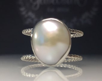 Handmade Sterling Silver Pearl Ring: Double Band Artisan Jewelry