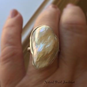 Raw Pearl Ring/Large Ring/One of a Kind Ring/Irridescent White Pearl Ring/Freeform Pearl Ring/Modern Pearl Ring/Unique Ring/Free US Ship.